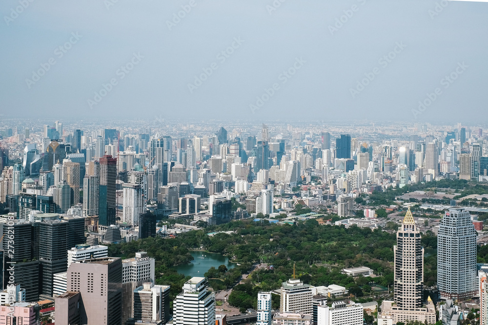 Bangkok, Thailand - Mar 29, 2019 :Photos of Bangkok City line, landscape and skyscrapers taken from the rooftop of the new tallest building of Bangkok city, the King Power Mahanakhon Skywalk