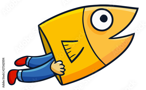 Cute and funny man hiding inside big yellow fish