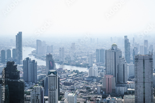 Bangkok, Thailand - Mar 29, 2019 :Photos of Bangkok City line, landscape and skyscrapers taken from the rooftop of the new tallest building of Bangkok city, the King Power Mahanakhon Skywalk