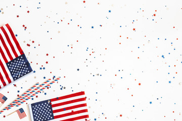 4th of July American Independence Day decorations on white background. Flat lay, top view, copy space