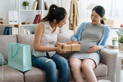 Beautiful pregnant woman and friend celebrating baby shower in living room at home. two young ladies sitting on sofa with shopping bag and gift box. aunt sending present to big belly inside baby. © PR Image Factory
