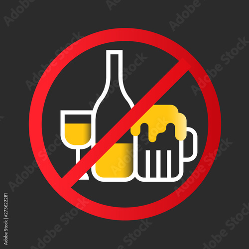 no alcohol icon sign with white yellow wine glass, Liquor bottle, Beer glass in red circle stop sign vector design