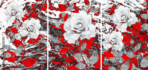 Fototapeta Naklejka Na Ścianę i Meble -  Collection of designer oil paintings. Decoration for the interior. Modern abstract art on canvas. Set of pictures with different textures and colors. Roses on a red-gray background.