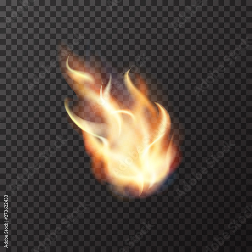 Fire isolated on transparent background. Vector flame of torch, campfire icon. Light motion effect.