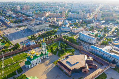 Aerial view of Tula Kremlin and Epiphany Cathedral - ancient Orthodox Church in city downtown, drone photo photo