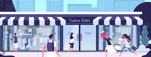 Boutique outside. Fashion outlet with shop mannequins in display windows and girls walking along street. Vector consumerism concept. Illustration of outlet boutique store, fashion retail