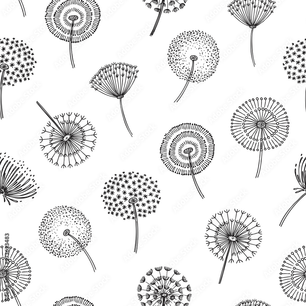 Dandelion seamless pattern. Dandelions grass pollen plant seeds blowing tranquil wind fluff flower macro nature vector spring texture. Dandelion seamless pattern, flower softness illustration