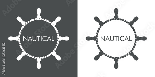 Logotipo abstracto con texto NAUTICAL en timón de cuerda en gris y blanco