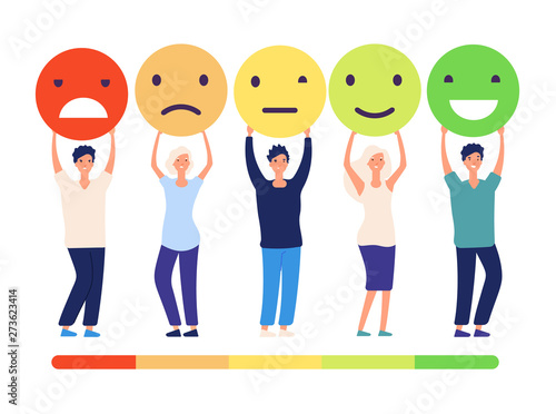 Customers feedback concept. People and measuring review opinions approval recommendation status. Emoticons from bad to good vector set. Illustration of feedback good review, quality status survey