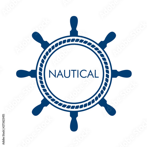 Logotipo abstracto con texto NAUTICAL en timón y cuerda en color azul