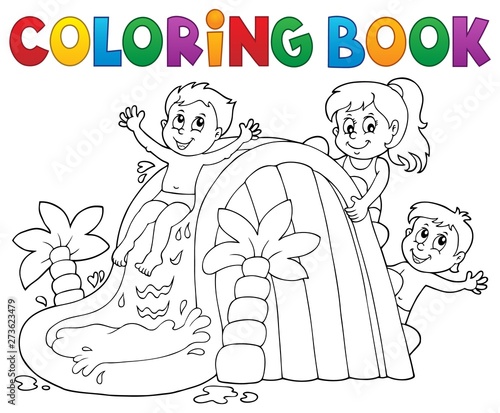 Coloring book kids on water slide 1