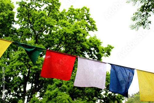 Colorful prayer flags (lungta/darcho) of Buddhist philosophy with mantra and butterfly in the wind similar. photo