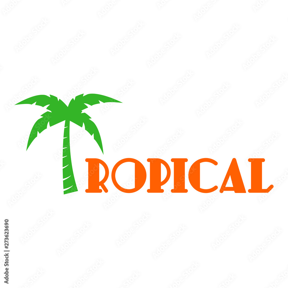 Logotipo abstracto con texto TROPICAL con palmera en verde y naranja