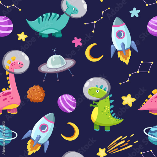 Fototapeta Naklejka Na Ścianę i Meble - Dino in space seamless pattern. Cute dragon characters, dinosaur traveling galaxy with stars, planets. Kids cartoon vector background. Illustration of astronaut dragon, kids wrapping with cosmic dino