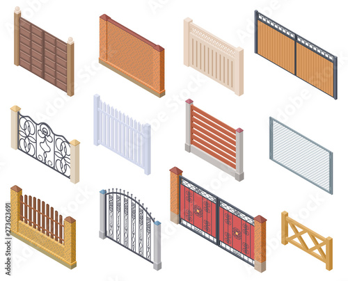Isometric fence. Gates and farm garden wired security fences metal lattice 3d vector isolated collection. Architecture gate, fence and wall illustration