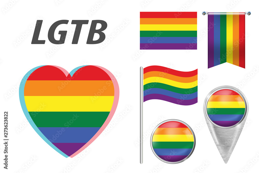 Set of LGBT related symbols in rainbow colors. Pride, freedom flags, heart, pointer, button, waving and hanging flag. LGBT collection of symbols, icons and logos with rainbow. Vector illustration Set of LGBT related symbols in rainbow colors. Pride, freedom flags, heart, pointer, button, waving and hanging flag. LGBT collection of symbols, icons and logos with rainbow. Vector illustration