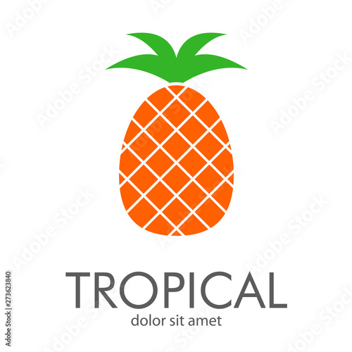 Logotipo abstracto con texto TROPICAL con piña en naranja y verde