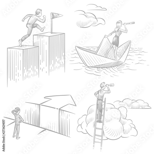 Sketch style business people in search of solutions, career success, new ideas vector concept. Illustration of businessman search opportunity for job, professional looking solution