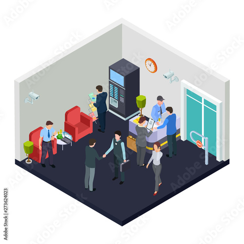 Vector isometric office lobby with security. Business people meet in lobby. Illustration of isometric interior office room, building inside