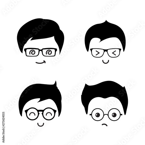 Cute geek boys vector icons of set. Geek boy face character young, smile, guy in glasses illustration