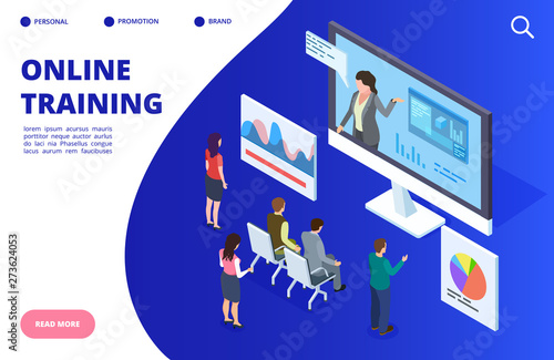 Isometric online video training, webinar vector illustration. Online education banner, landing page concept. Education webinar and training online