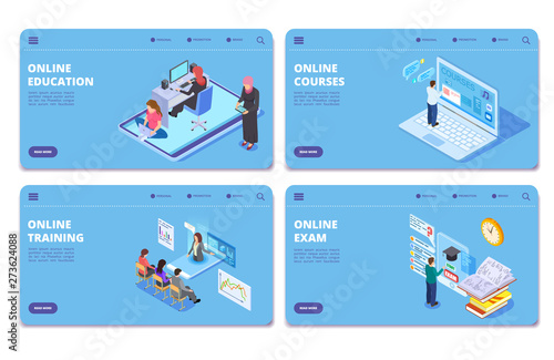 Online education isometric vector concept pages. Online exam, training, courses landing page set. Illustration of isometric training and studying, landing page online course