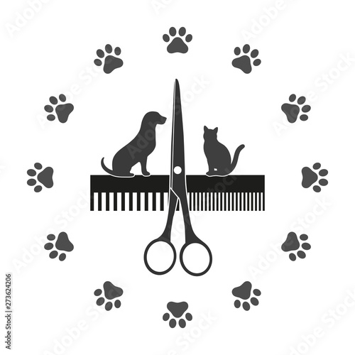 Dogs grooming and cats illustration. comb and scissors. Icon, symbol, logo, banner for animals salon. Traces of animals in a circle.