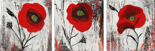 Collection of designer oil paintings. Decoration for the interior. Modern abstract art on canvas. Set of pictures with red poppies.