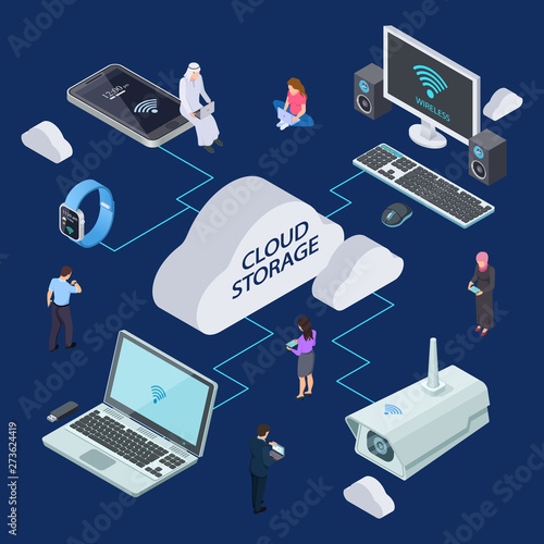 Isometric cloud service vector concept. Cloud storage illustration. Cloud data computing, storage service network system