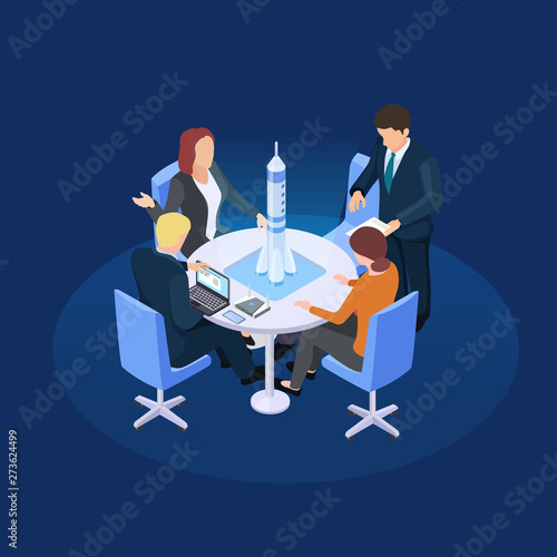 Isometric spaceship vector presentation. Spacecraft development and businessproject illustration. Illustration of spacecraft launch, technology 3d flight