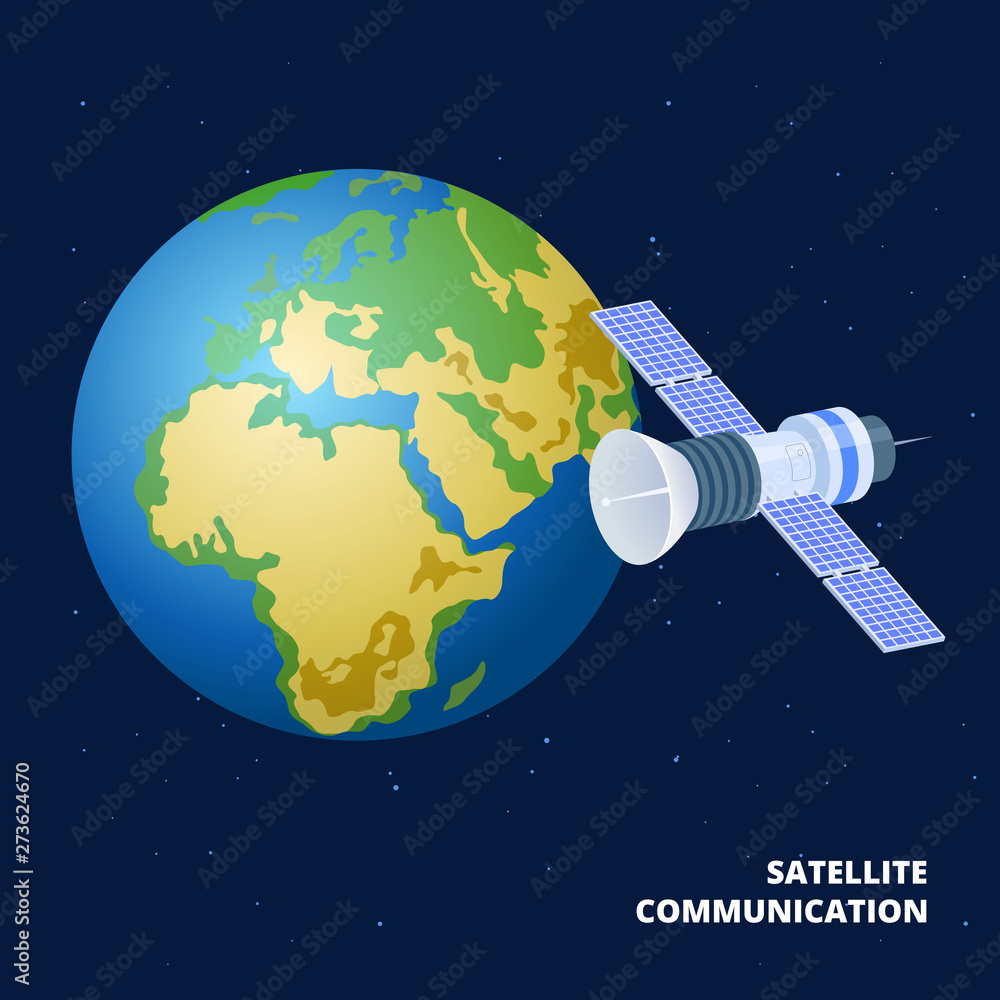 Satellite communication isometric vector illustration. Spaceship and earth. Satellite for communication global, station outer cosmos for imternet Satellite communication isometric vector illustration. Spaceship and earth. Satellite for communication global, station outer cosmos for imternet