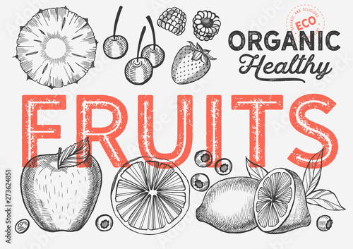 Fruits graphic illustration for farm market on background