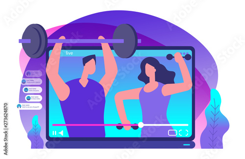 Sport livestream video. Sports bloggers vector illustration. Sport blogger media, video blogging about fitness