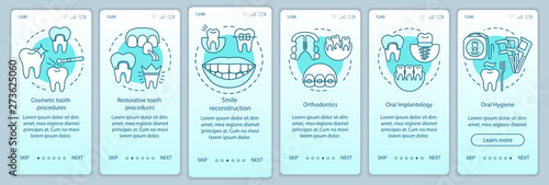 Dental clinic services onboarding mobile app page screen with linear concepts