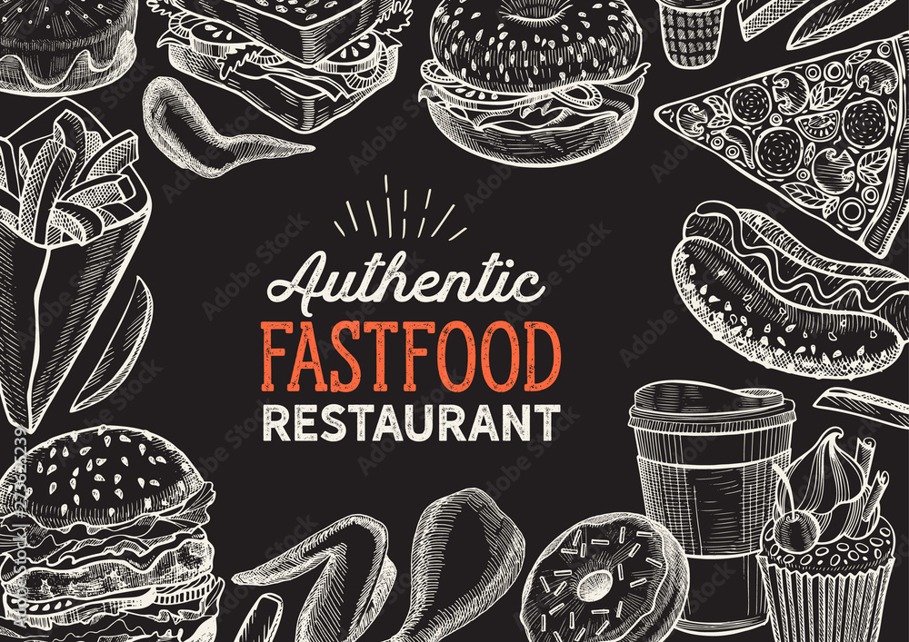 Fast food illustrations, burger, pizza, donut for restaurant.