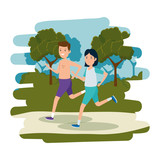 happy athletic couple running in the camp
