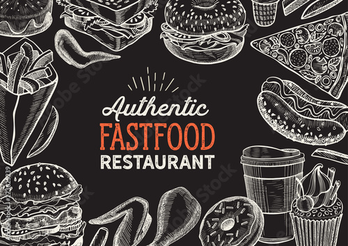 Fast food illustrations, burger, pizza, donut for restaurant.