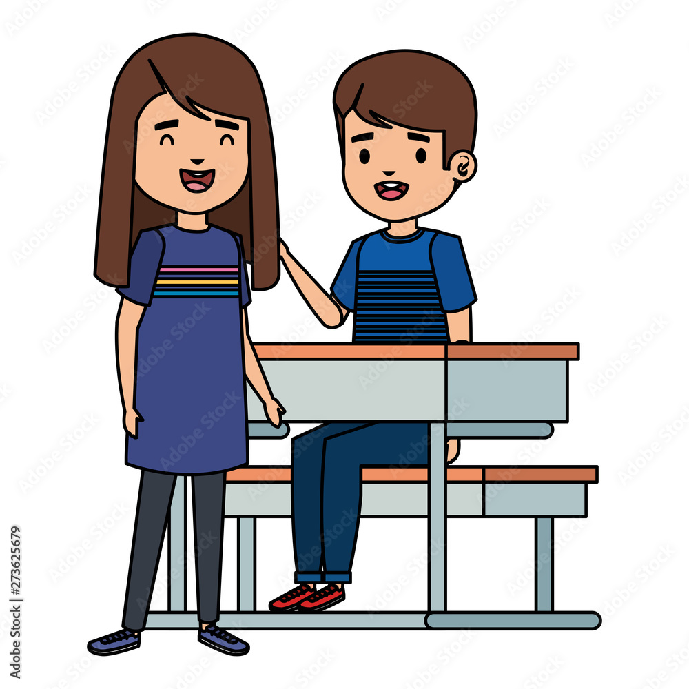 cute little students couple in school desk cute little students couple in school desk