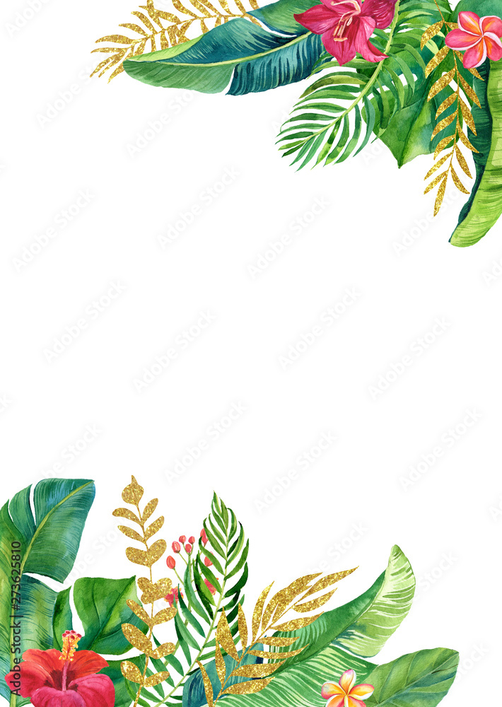 Tropical watercolor illustration with leaves and flowers.