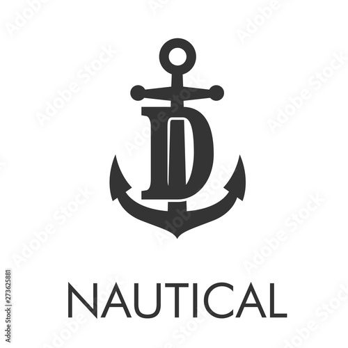 Logotipo abstracto con texto NAUTICAL con letra D en ancla en color gris