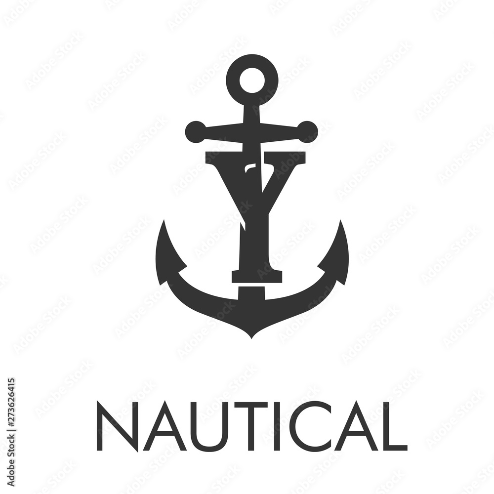 Logotipo abstracto con texto NAUTICAL con letra Y en ancla en color gris Logotipo abstracto con texto NAUTICAL con letra Y en ancla en color gris