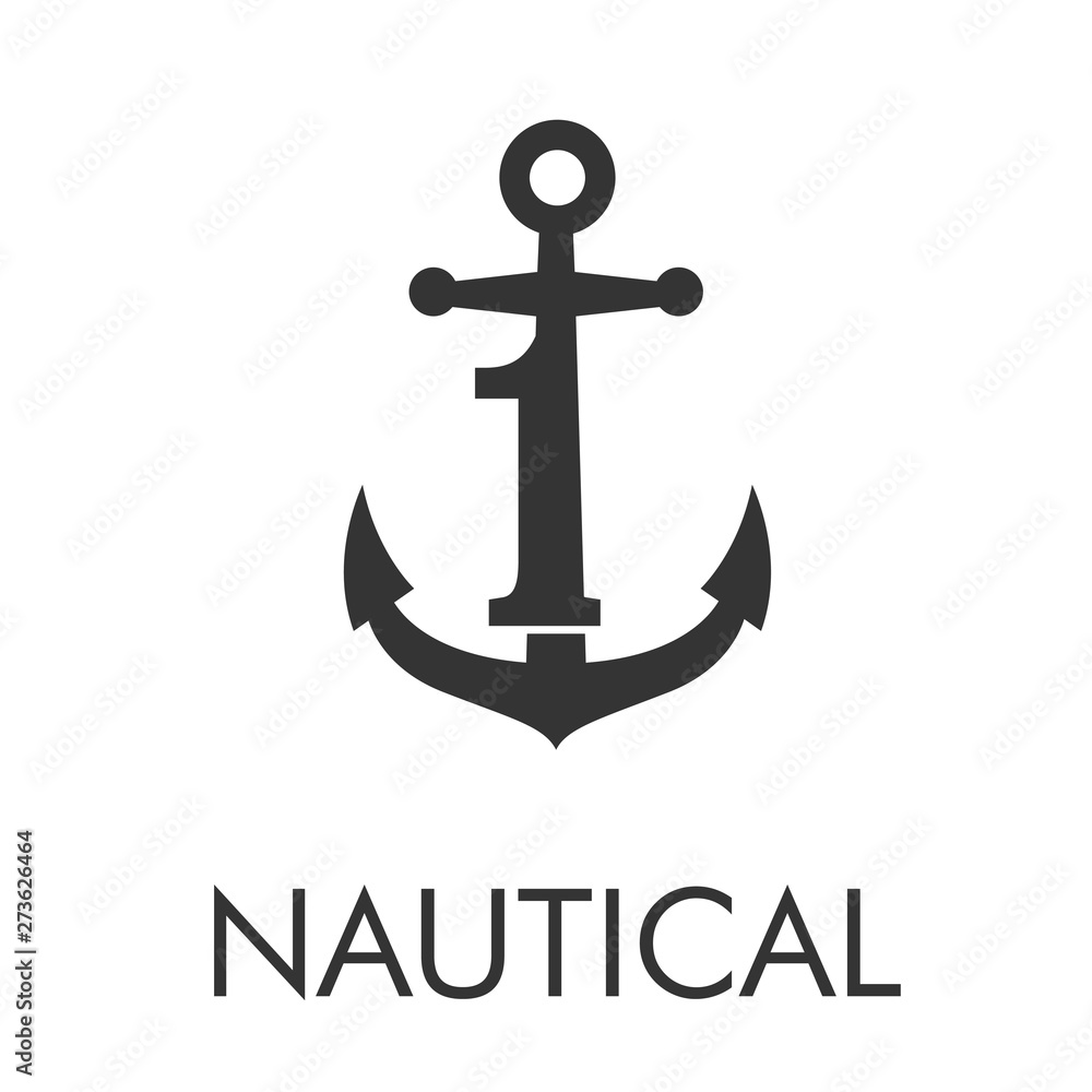 Logotipo abstracto con texto NAUTICAL con número 1 en ancla en color gris Logotipo abstracto con texto NAUTICAL con número 1 en ancla en color gris
