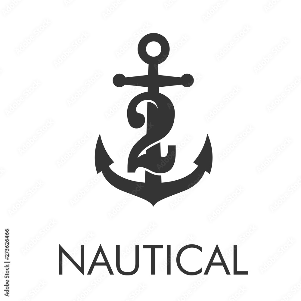 Logotipo abstracto con texto NAUTICAL con número 2 en ancla en color gris Logotipo abstracto con texto NAUTICAL con número 2 en ancla en color gris