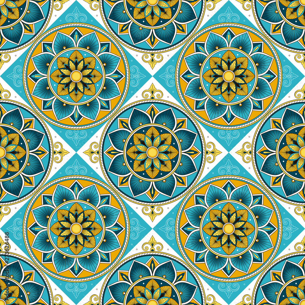 Spanish tile pattern vector seamless with flowers motifs. Portuguese azulejos, mexico talavera, venetian ceramic, italian sicily majolica. Mosaic background for kitchen wall or bathroom floor.
