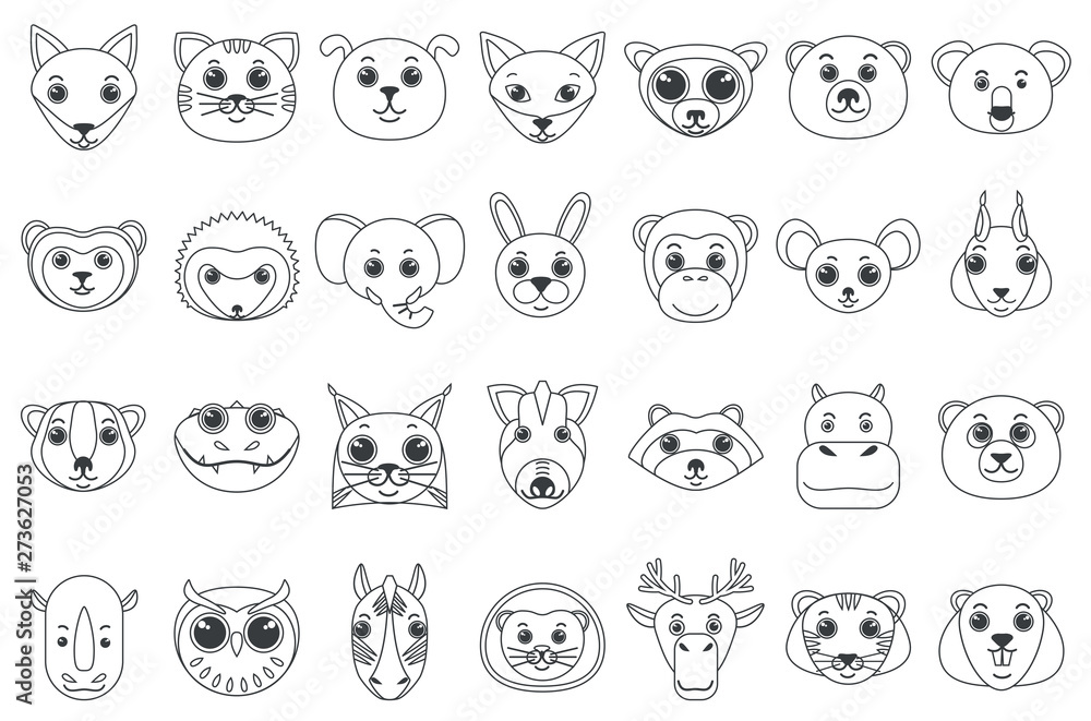 Set of line outline heads of assorted wild and domestic animals in cartoon  style vector illustration. Stock Vector | Adobe Stock