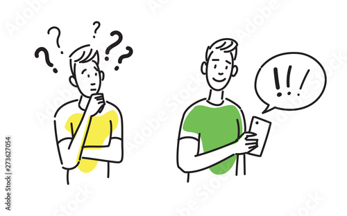 Hand drawing illustration of two boys, teenagers. One is asking questions. The other solves problems with smartphone.