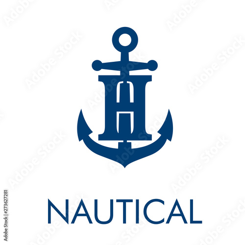 Logotipo abstracto con texto NAUTICAL con letra H en ancla en color azul