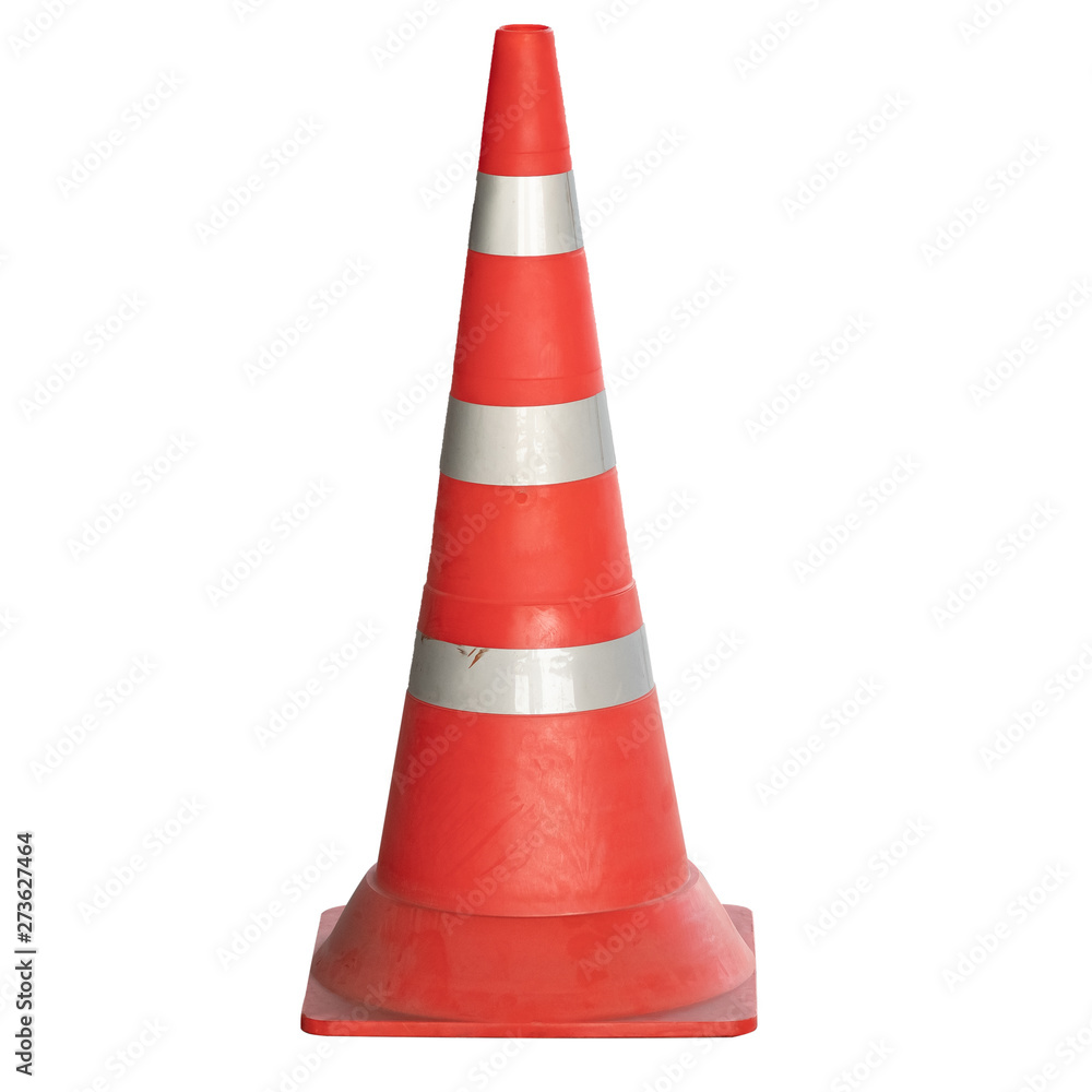 Orange plastic cone with reflective stripes isolated on white background Orange plastic cone with reflective stripes isolated on white background