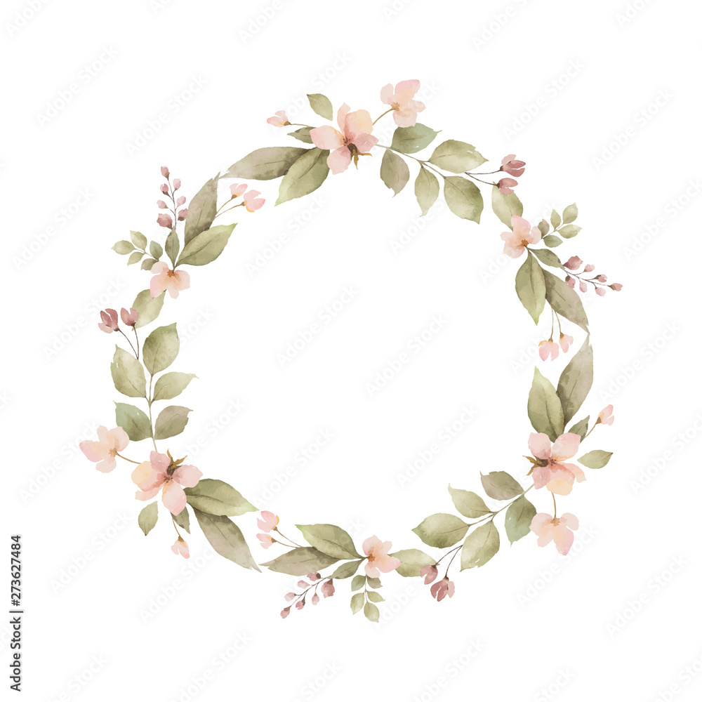 Fototapeta premium Watercolor vector wreath with leaves and branches isolated on white background.