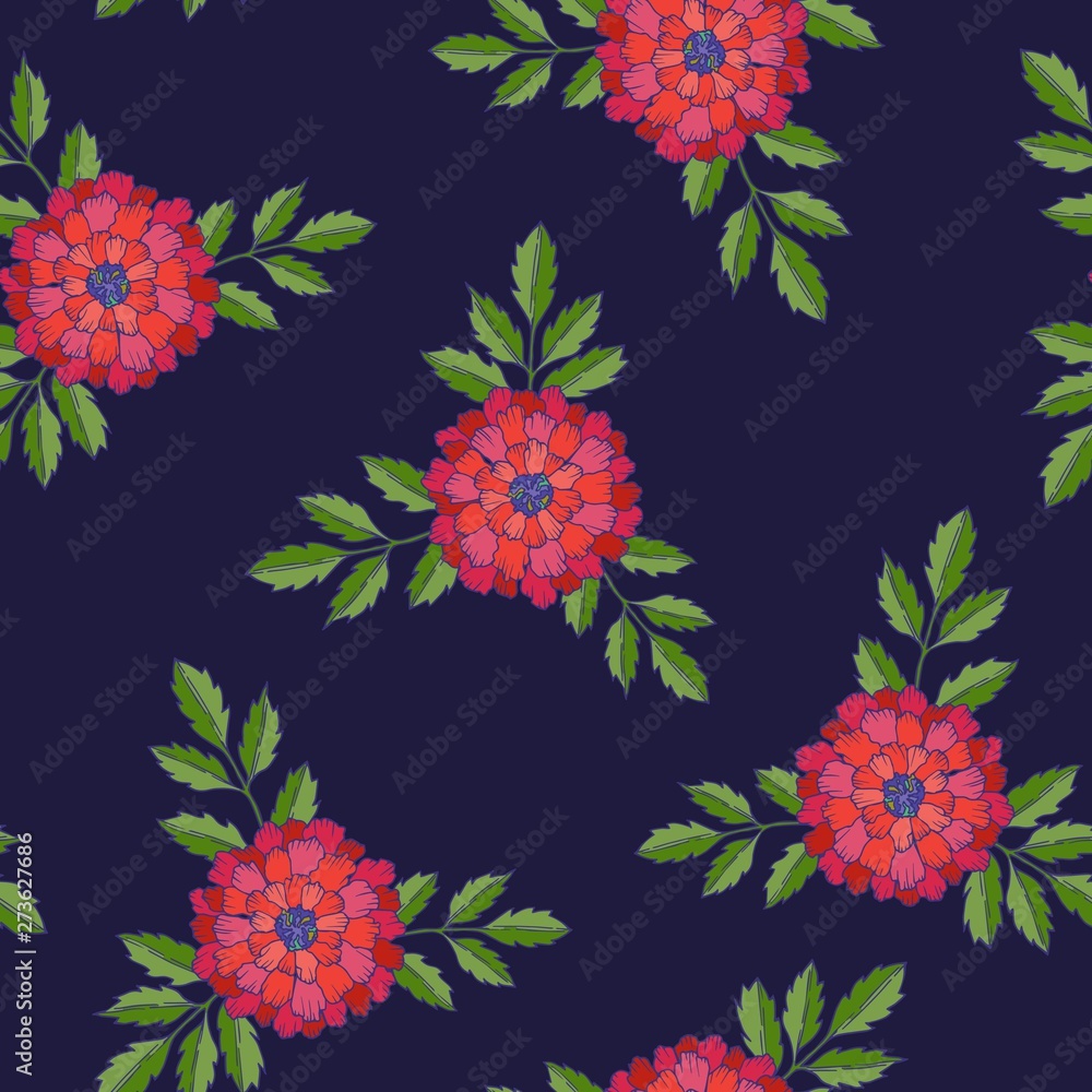 Seamless vector pattern with marigold flowers and leaves for fabric, textile, wrapping paper, card, invitation, wallpaper, web design, background. Elements isolated on background, editable details.